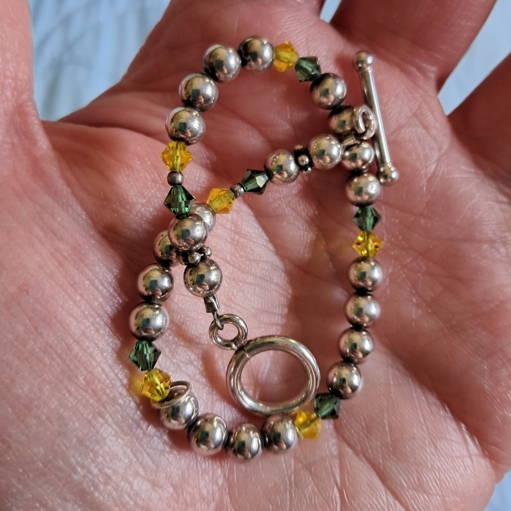 Vintage Sterling Silver Beaded Toggle Bracelet With Green And Gold Swarovski